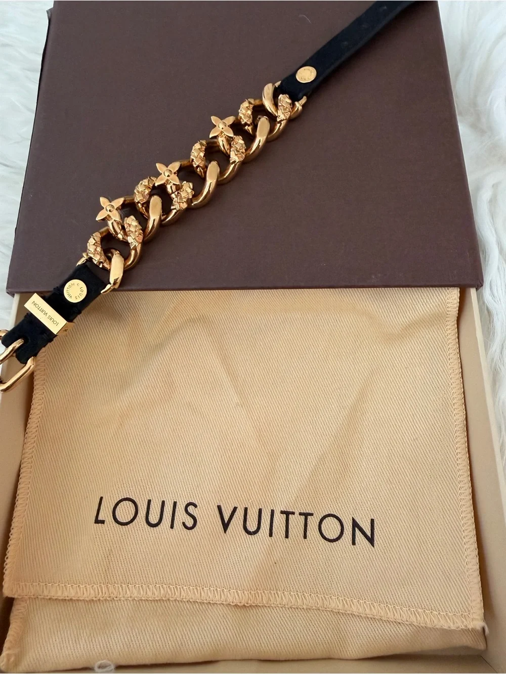 Louis Vuitton Gold Chain-Link Necklace and Bracelt with Black Leather Ends
